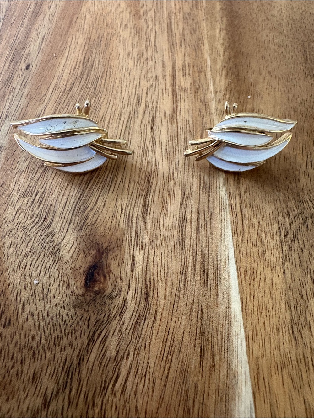 Trifari Gold and White Leaf Clip-On Earrings